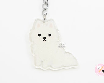 American Eskimo Japanese Spitz Clear Acrylic Dog Breed Keychain | Cartoon Kawaii Art Puppy Glitter Charm | Chibi Cute Pet Loss Memorial Gift