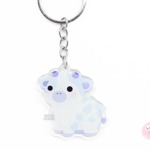 Blueberry Cow Fruity Farm Animal Keychain | Cartoon Chibi Art Style Glitter Acrylic Zipper Charm Pull | Kawaii Cute Animal Lover Gift