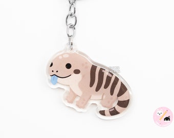 Peut inclure: Un porte-clés en acrylique transparent avec une illustration de dessin animé d'un lézard brun et blanc avec une langue bleue. Le lézard est debout sur ses quatre pattes et a un motif rayé sur le dos. Le porte-clés est attaché à un anneau et une chaîne en métal argenté.