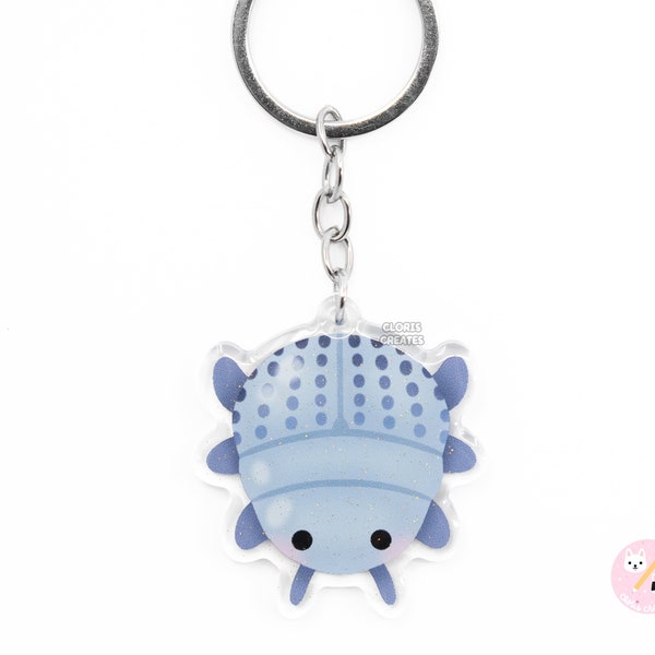 Blue Death Feigning Beetle Insect Bug Keychain | Cartoon Chibi Pet Art Double-Sided Glitter Charm | Kawaii Cute Animal Entomologist Gift