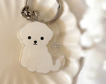 Bichon Frise Acrylic Dog Breed Keychain | Cartoon Kawaii Art Puppy Epoxy Glitter Charm | Chibi Cute Animal Lover Pet Loss Memorial Gift