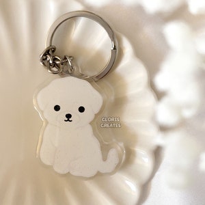 Bichon Frise Acrylic Dog Breed Keychain | Cartoon Kawaii Art Puppy Epoxy Glitter Charm | Chibi Cute Animal Lover Pet Loss Memorial Gift