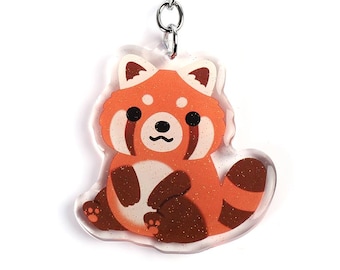 Red Panda Acrylic Glitter Keychain | Kawaii Chibi Wild Animal Lover Art Charm | Cute Cartoon Safari Zoo Souvenir Wildlife Keyring Gift
