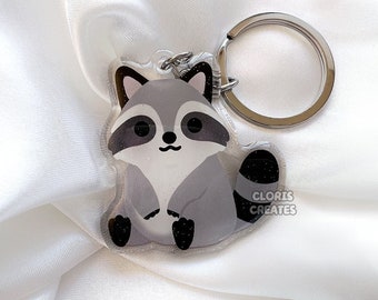 Raccoon Acrylic Pet Keychain | Cartoon Chibi Art Style Double-Sided Glitter Epoxy Charm | Kawaii Cute Colorful Critter Animal Lover Gift