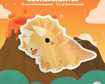 Triceratops Gelber Dinosaurier Wasserdicht Vinyl Aufkleber | Kawaii Chibi prähistorische Tierliebhaber Kunst Laptop Aufkleber | Niedliches Karikatur-Wildtier Geschenk