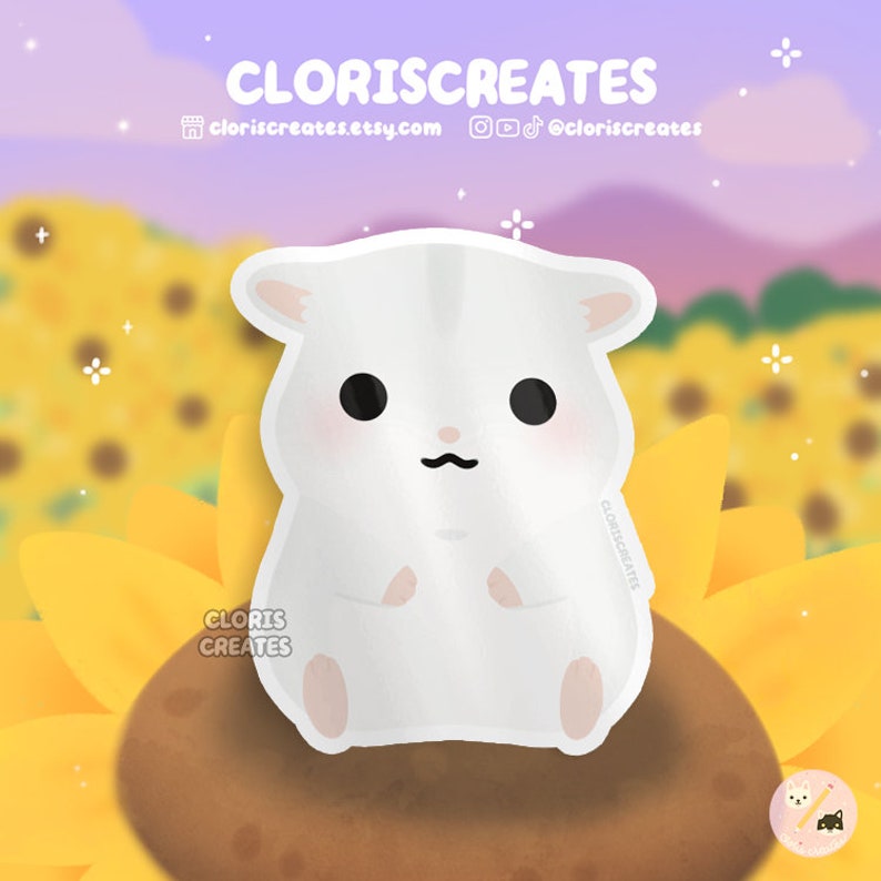 May include: A white hamster with black eyes and a small mustache sits on a sunflower. The background is a field of sunflowers with a purple and pink sky.