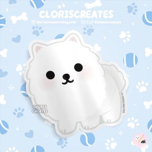 White Pomeranian Japanese Spitz Dog Breed Waterproof Vinyl Sticker | Kawaii Chibi Animal Decal | Cute Cartoon Puppy Pet Loss Memorial Gift