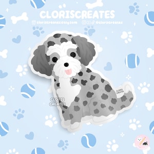Blue Merle Bicolor Doodle Poodle Mixed Dog Waterproof Vinyl Sticker | Kawaii Chibi Animal Decal | Cute Cartoon Rescue Puppy Pet Loss Gift