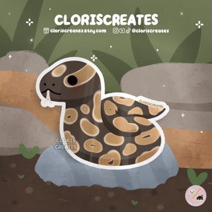 May include: A cartoon illustration of a brown and tan snake with black markings curled up on a grey rock. The snake has a pink tongue sticking out. The background is a green and brown forest.