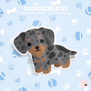 Gray Dapple Blue Merle Dachshund Dog Breed Waterproof Vinyl Sticker | Kawaii Chibi Animal Laptop Decal | Cute Cartoon Puppy Pet Loss Gift