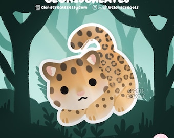 May include: A cute cartoon illustration of a brown and tan leopard with black spots, looking to the left. The leopard is in a forest setting with green trees and leaves.