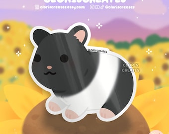 Black White Syrian Teddy Bear Hamster Waterproof Vinyl Sticker | Kawaii Chibi Rodent Animal Lover Art Decal | Cute Cartoon Critter Pet Gift