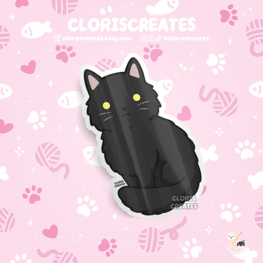 Longhaired Black Cat Waterproof Vinyl Sticker | Kawaii Chibi Animal ...