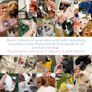 May include: A collage of images featuring various pets with their matching custom-designed keychain charms. The charms are made of clear acrylic and feature different animal silhouettes. The pets include a dog, cat, parrot, lizard, and rabbit. The text "Share a photo of your pets with their matching keychain to be featured on Instagram or in product listings. Tag @cloriscreates so I can see it and repost!" is displayed on the image.