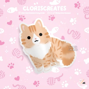 Longhaired Orange Tabby Ragamuffin Cat Waterproof Vinyl Sticker | Kawaii Chibi Animal Laptop Decal | Cute Cartoon Pet Kitten Memorial Gift