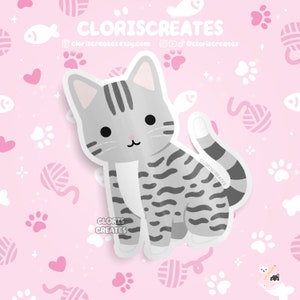 Silver Gray Tabby Cat Waterproof Vinyl Sticker | Kawaii Chibi Animal Laptop Water Decal | Cute Cartoon Pet Breed Kitten Loss Memorial Gift