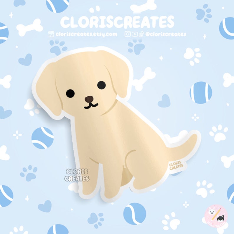 May include: A light beige cartoon dog sticker with black eyes and a small black nose. The sticker is on a light blue background with paw prints, bones, hearts, and tennis balls. The text "CLORISCREATES" is at the top and bottom.