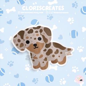 Brown Dapple Dachshund Dog Breed Waterproof Vinyl Sticker | Kawaii Chibi Animal Laptop Decal | Cute Cartoon Merle Puppy Pet Memorial Gift