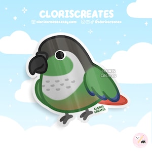 Green Cheek Conure Waterproof Vinyl Sticker | Kawaii Chibi Animal Lover Parrot Art Laptop Decal | Cute Cartoon Exotic Pet Loss Memorial Gift