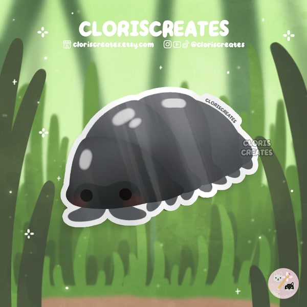 Black Scaber Isopod Roly Poly Waterproof Die Cut Sticker | Kawaii Chibi Bug Laptop Decal | Cute Cartoon Pillbug Pet Insect Entomologist Gift