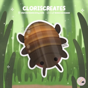 May include: A cartoon illustration of a brown and tan beetle with a cute face. The beetle is upside down with its legs in the air. The background is a green and white blurry pattern.