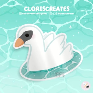White Swan Swimming Lake Waterproof Die Cut Sticker | Kawaii Chibi Laptop Water Bottle Decal | Cute Cartoon Bird Farm Animal Lover Gift