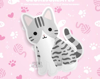 Silver Gray Tabby Cat Waterproof Vinyl Sticker | Kawaii Chibi Animal Laptop Water Decal | Cute Cartoon Pet Breed Kitten Loss Memorial Gift