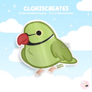 Pegatina de vinilo impermeable de la raza de loro de collar indio verde / Calcomanía artística de animal chibi kawaii / Lindo regalo de dibujos animados para la pérdida de una mascota