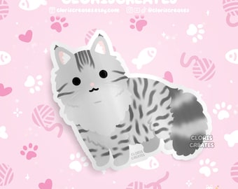 Silver Gray Tabby Norwegian Forest Cat Waterproof Vinyl Sticker | Kawaii Chibi Animal Laptop Decal | Cute Cartoon Pet Kitten Memorial Gift