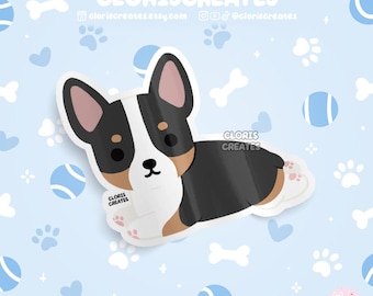 Black Tri Corgi Pembroke Welsh Dog Breed Waterproof Vinyl Sticker | Kawaii Chibi Animal Decal | Cute Cartoon Puppy Pet Loss Memorial Gift