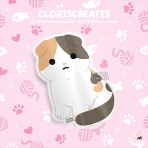 Calico Scottish Fold Cat Waterproof Vinyl Sticker | Kawaii Chibi Animal Laptop Decal | Cute Cartoon Pet Breed Kitten Loss Memorial Gift