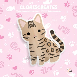 Tan Bengal Cat Waterproof Vinyl Sticker | Kawaii Chibi Animal Laptop Decal | Cute Cartoon Pet Breed Brown Kitten Loss Memorial Gift