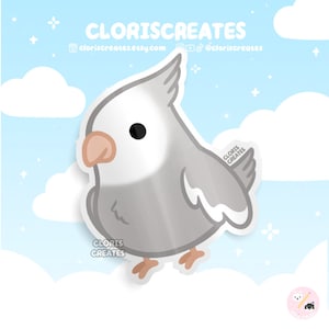 Pegatina de vinilo impermeable de cacatúa plateada de cara blanca / Calcomanía para portátil con diseño de loro chibi kawaii / Regalo para la pérdida de una mascota con dibujos animados