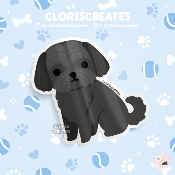 Shorthaired Black Shih Tzu Dog Breed Waterproof Vinyl Sticker | Kawaii Chibi Animal Art Decal | Cute Cartoon Puppy Pet Loss Gift