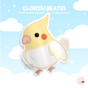 Pegatina de vinilo impermeable de la raza de ave cacatúa Lutino / Calcomanía para portátil con diseño de loro chibi kawaii para amantes del arte animal / Lindo dibujo animado exótico para regalo de pérdida de mascota