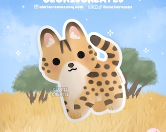 May include: A cartoon illustration of a small, spotted cat with large eyes and a cute expression. The cat is standing on a background of tall, yellow grass.