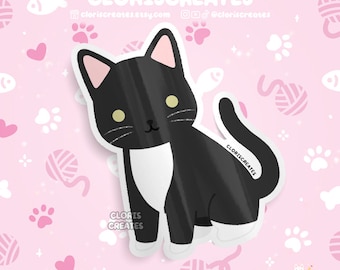 Pegatina de vinilo impermeable de gato negro de esmoquin / Calcomanía para portátil de animal chibi kawaii / Lindo dibujo de mascota de gatito de raza de dibujos animados, regalo conmemorativo de pérdida