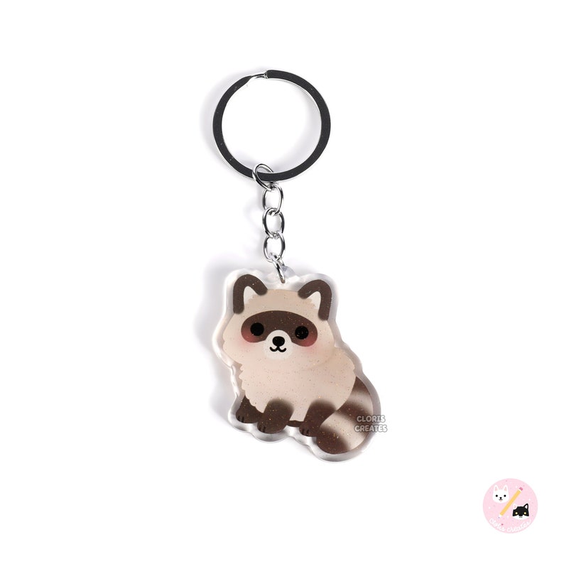 May include: A brown and white raccoon keychain with a silver key ring. The raccoon is sitting with its tail curled around its legs. The keychain is made of clear acrylic and has a glossy finish.