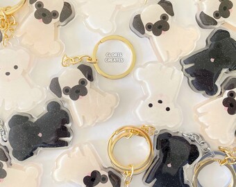 Pug Clear Acrylic Dog Breed Keychain | Cartoon Art Style Double-Sided Epoxy Charm with Glitter | Kawaii Cute Puppy Lover Gift