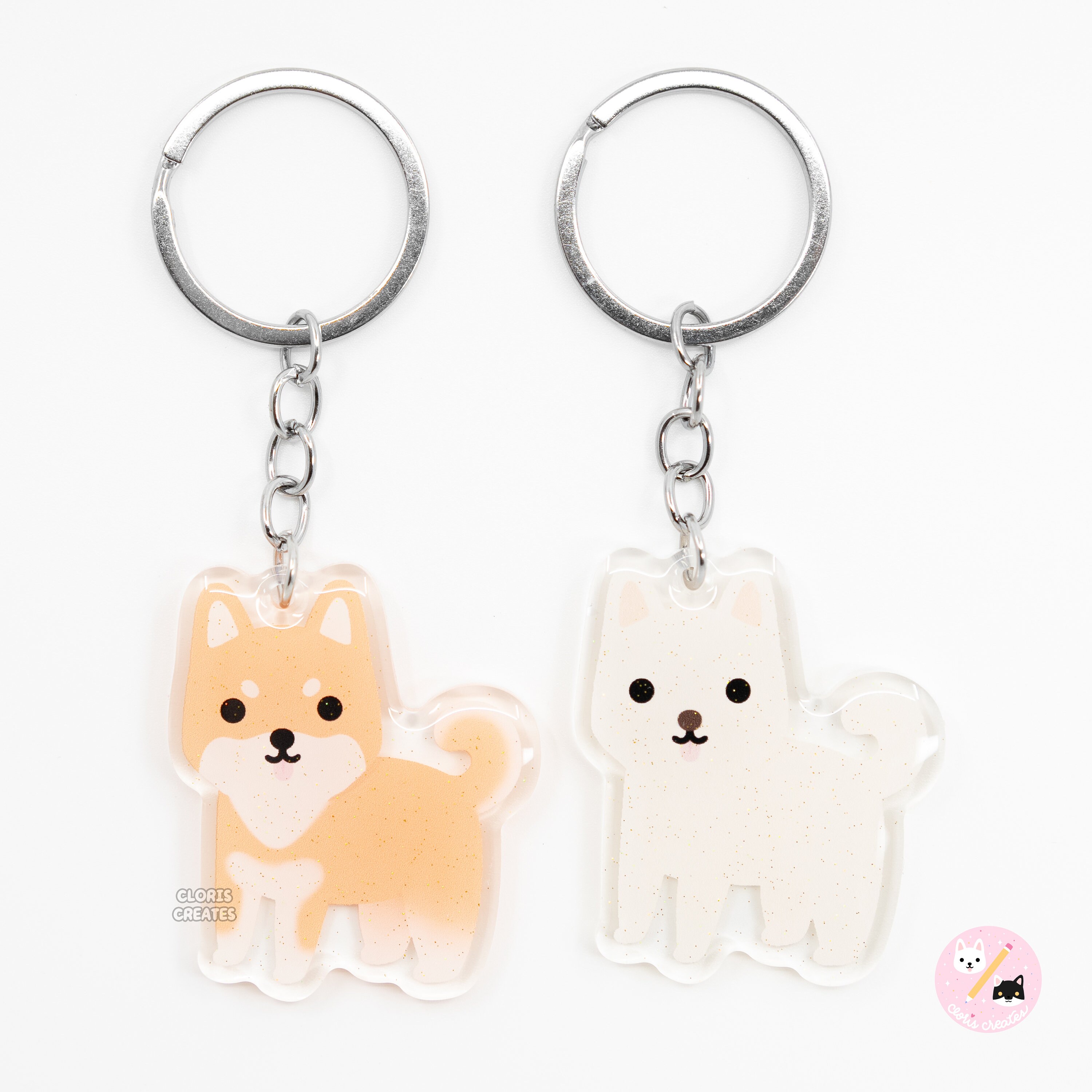 クリーム色の韓国珍島犬透明アクリルキーホルダー | 漫画風かわいい 