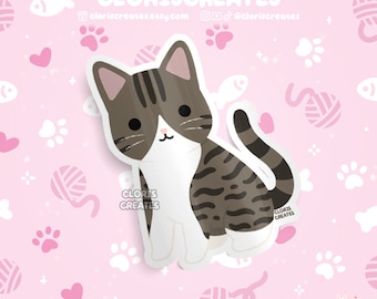 Classic Tabby Cat Waterproof Vinyl Sticker | Kawaii Chibi Animal Laptop Water Decal | Cute Cartoon Pet Breed Brown Kitten Loss Memorial Gift
