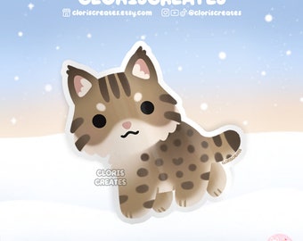 May include: A brown and white cartoon lynx with black stripes and spots, standing on a white snowy background. The lynx has a worried expression on its face. The image is a sticker with the text "CLORIS CREATES" on the bottom.