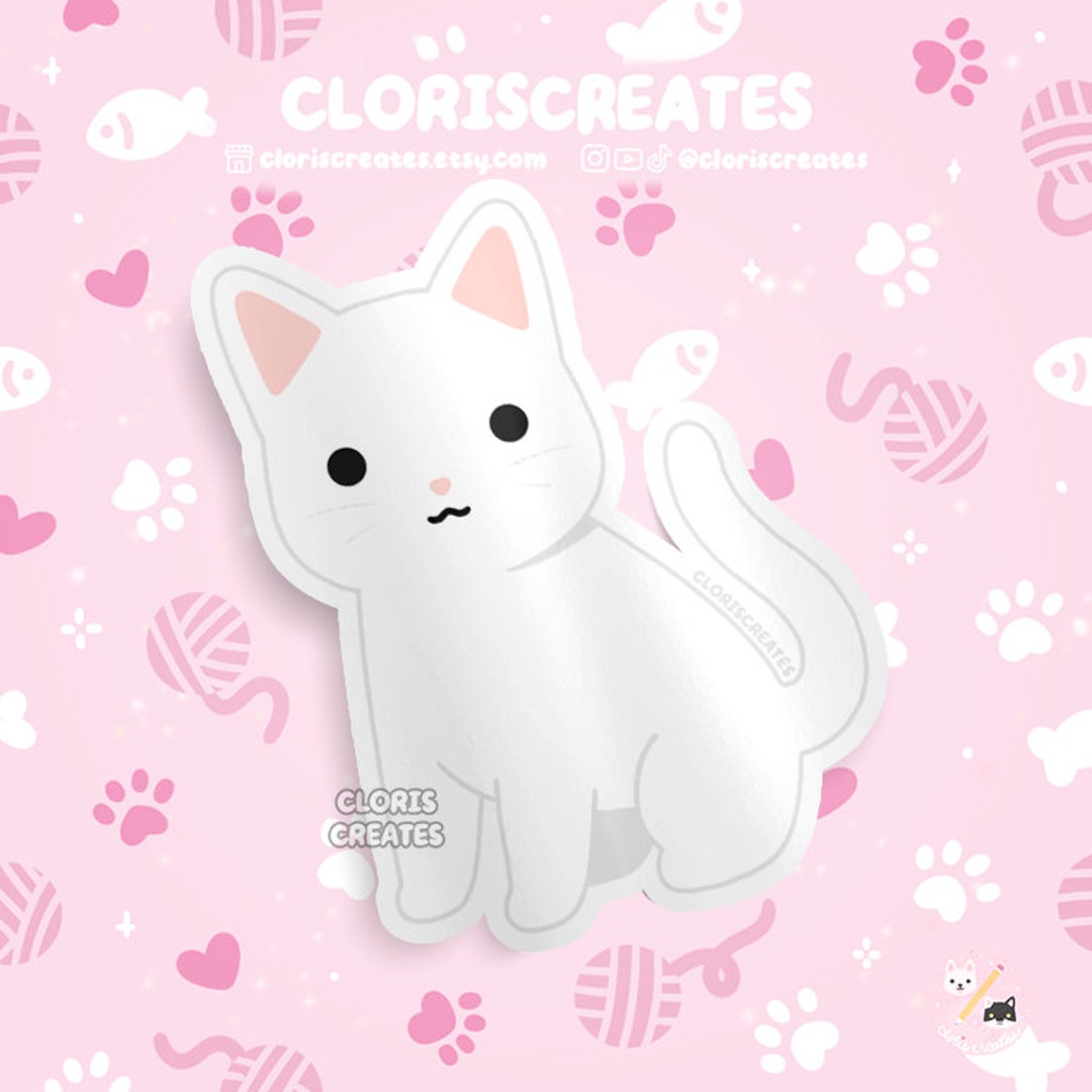 Shorthaired White Cat Waterproof Vinyl Sticker | Kawaii Chibi Animal ...