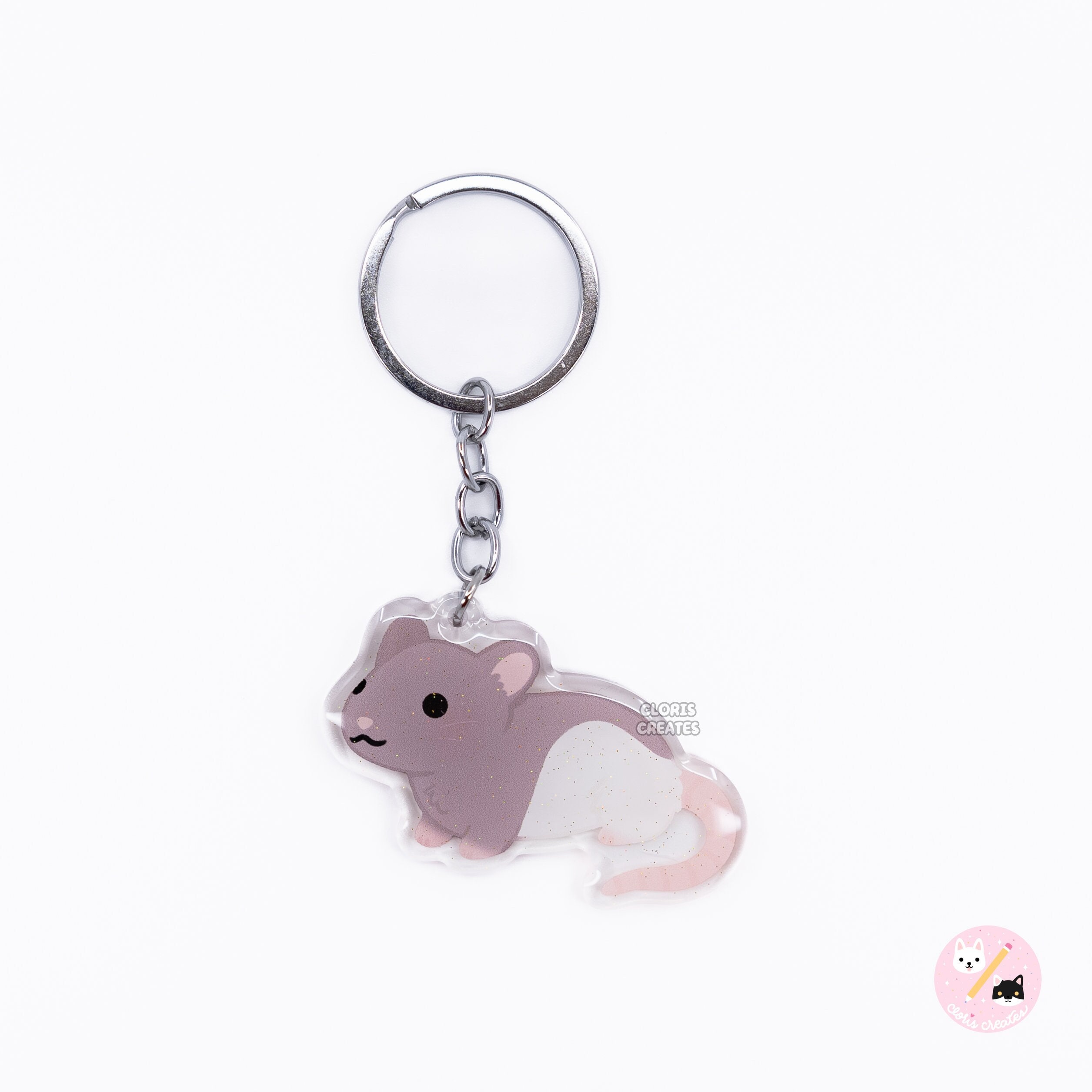 Brown Hooded Fancy Rat Acrylic Pet Breed Keychain | Cartoon Kawaii Art Double-Sided Rodent Glitter Charm | Chibi Cute Animal Lover Gift