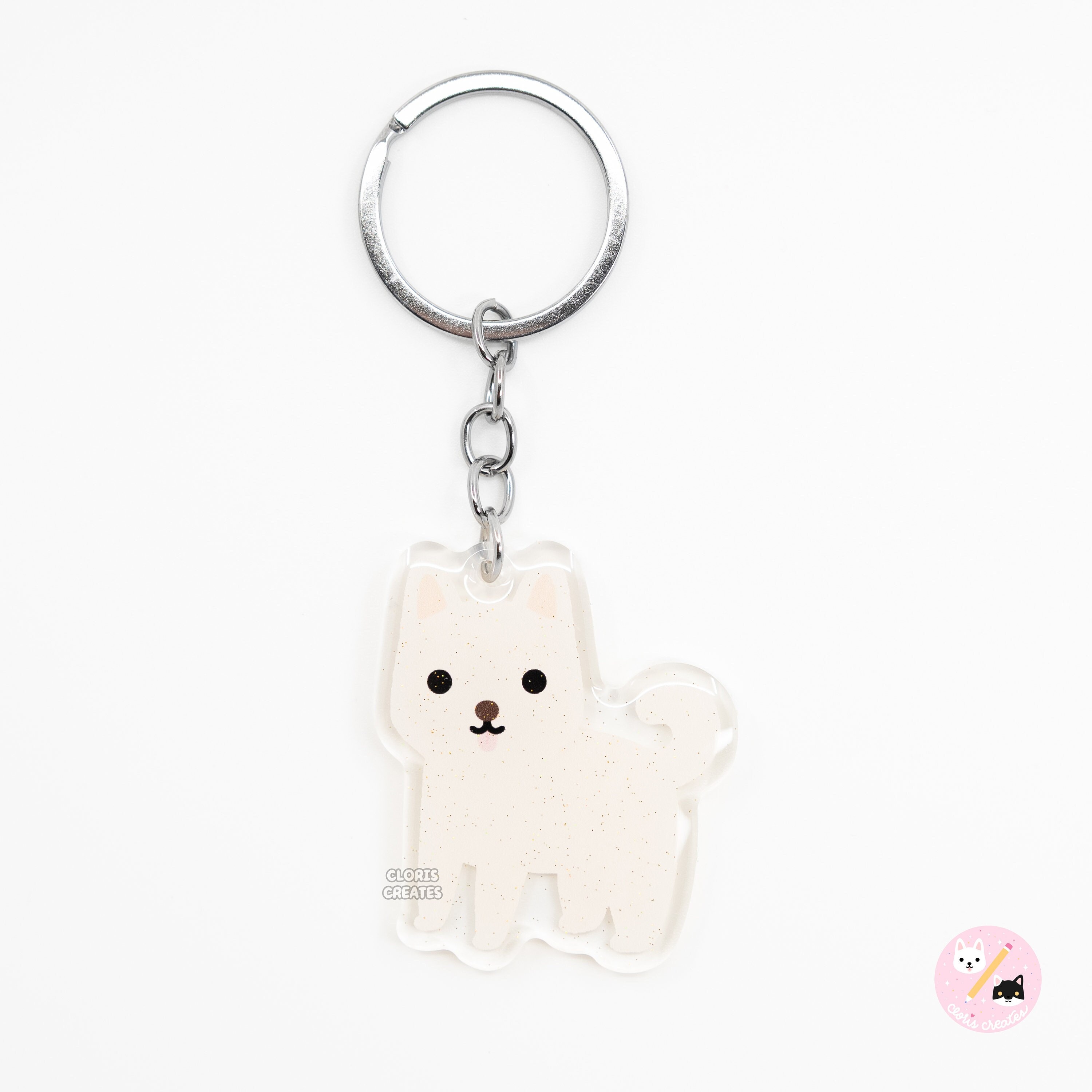 クリーム色の韓国珍島犬透明アクリルキーホルダー | 漫画風かわいい 