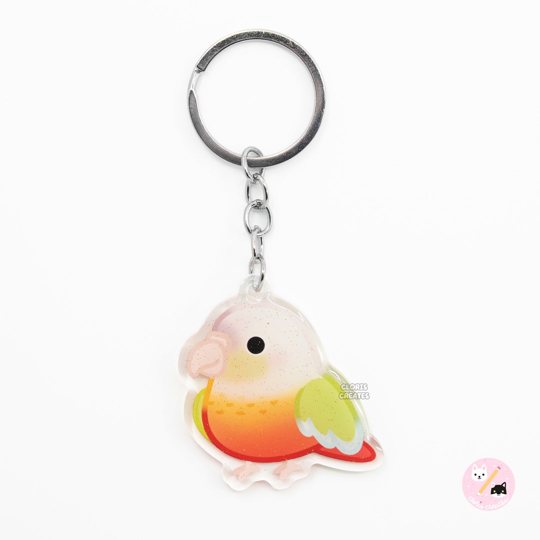 Pineapple Green Cheeked Conure Acrylic Bird Keychain Cartoon Kawaii Art Style Glitter Charm Cute
