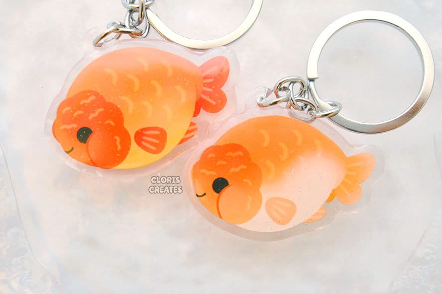 Ranchu Goldfish Red Orange Keychain | Cartoon Chibi Aquarium Art Double ...