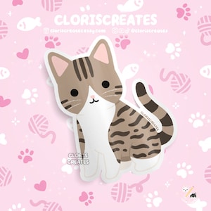 Brown Tabby Cat Waterproof Vinyl Sticker | Kawaii Chibi Animal Laptop Water Decal | Cute Cartoon Pet Breed Brown Kitten Loss Memorial Gift