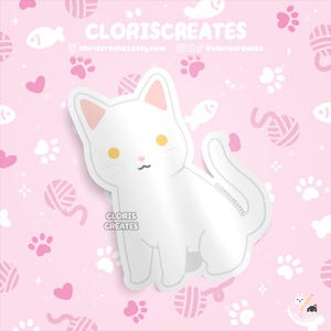 Shorthaired White Cat Yellow Eyes Waterproof Vinyl Sticker | Kawaii Chibi Animal Laptop Decal | Cute Cartoon Pet Breed Kitten Memorial Gift