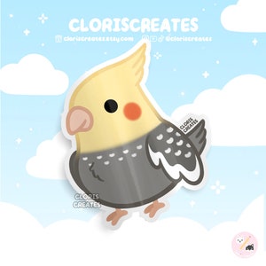 Pegatina de vinilo impermeable de la raza de ave cacatúa perlada / Calcomanía para portátil con diseño de loro chibi kawaii para amantes del arte animal / Lindo dibujo animado exótico para regalo de pérdida de mascota
